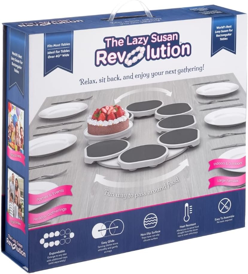 The Lazy Susan Revolution - The First Patented Lazy Susan Turntable for Rectangular Long & Oblong Tables - Expandable Lazy Susan for Kitchen & Dining Tables - Great Gift! Fun at Parties & Gatherings.