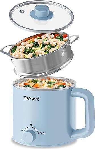 Topwit Hot Pot Electric with Steamer, 1.6L Ramen Cooker, Electric Pot for Pasta, Shabu-Shabu, Oatmeal, Soup and Egg, Electric Cooker with Dual Power Control, Dorm Room Essentials, Blue