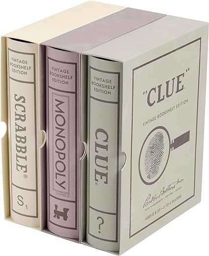 Scrabble, Monopoly, and Clue Vintage Board Game Bookshelf Collection